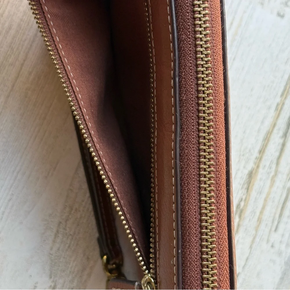 Fossil Cognac 'Sydney' Leather Zip Around Clutch Wristlet Wallet Large Size